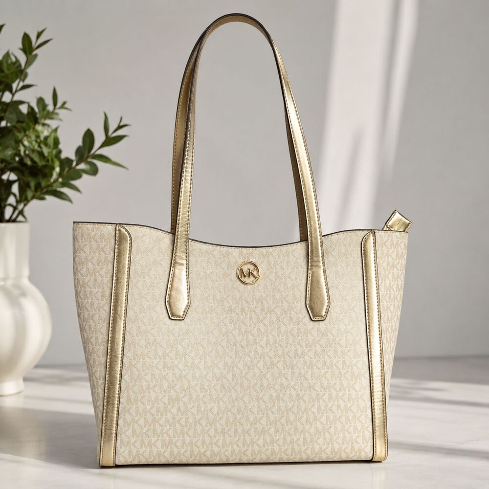 Michael Kors Gold Vanilla MK Signature Tote Shoulder Bag Large Shopper